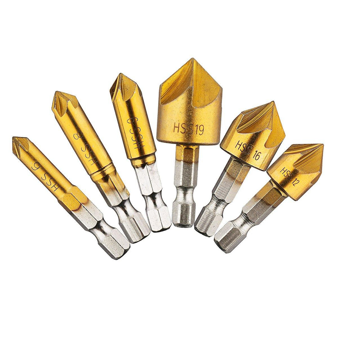 Drillpro 6Pcs 6-19mm Countersink Drill Bit 5 Flutes Hex Shank Titanium Coated Chamfer Cutter Set - MRSLM