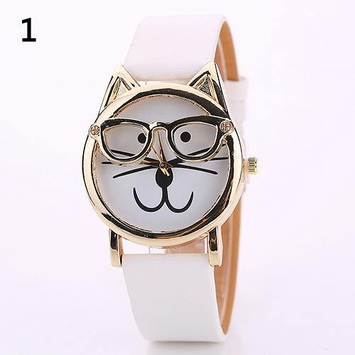 Unisex Fashion Faux Leather Band Cute Glasses Cat Case Analog Quartz Wrist Watch - MRSLM