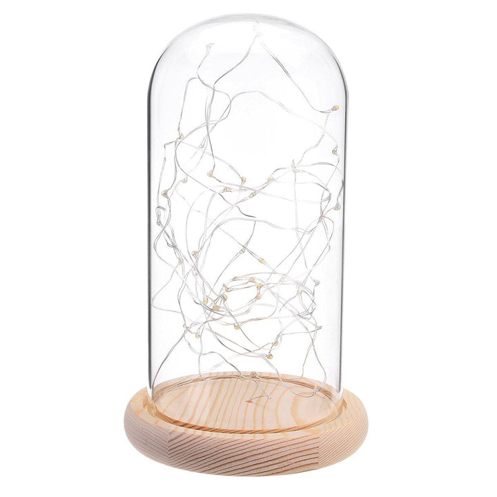 Clear Glass Display Dome Cloche Bell Jar Wooden Base DIY Decorations With 20 LED Fairy String Light (15*20cm) - MRSLM