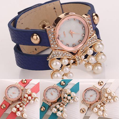 Women's Butterfly Faux Pearls Bracelet Faux Leather Rhinestone Wrap Wrist Watch - MRSLM