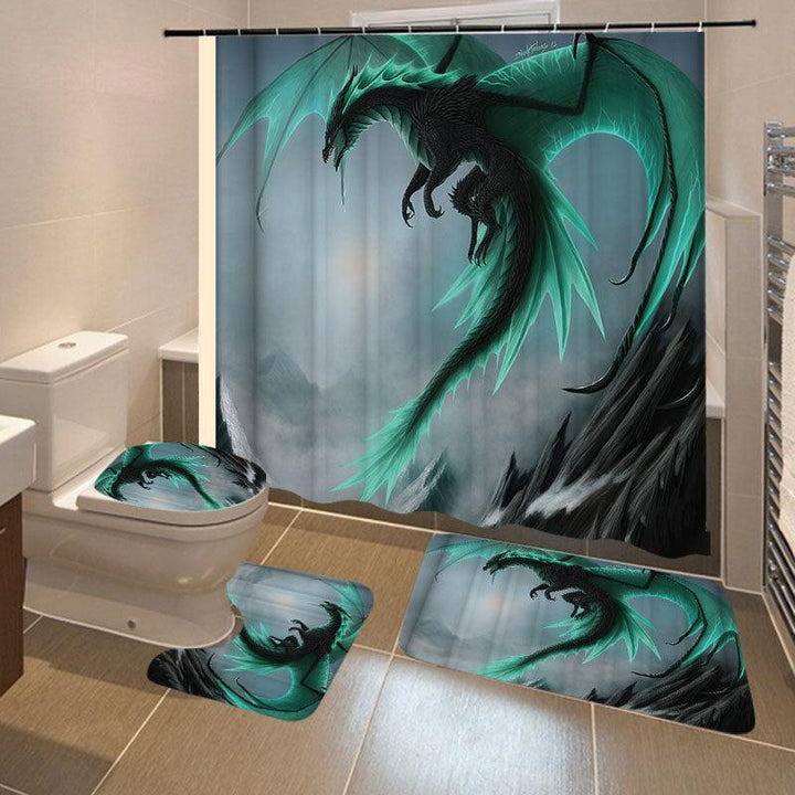 4PCS Flying Dragon Waterproof Bathroom Shower Curtain Toilet Cover Bath Mat Non-Slip Rug Set with 12 Hooks - MRSLM