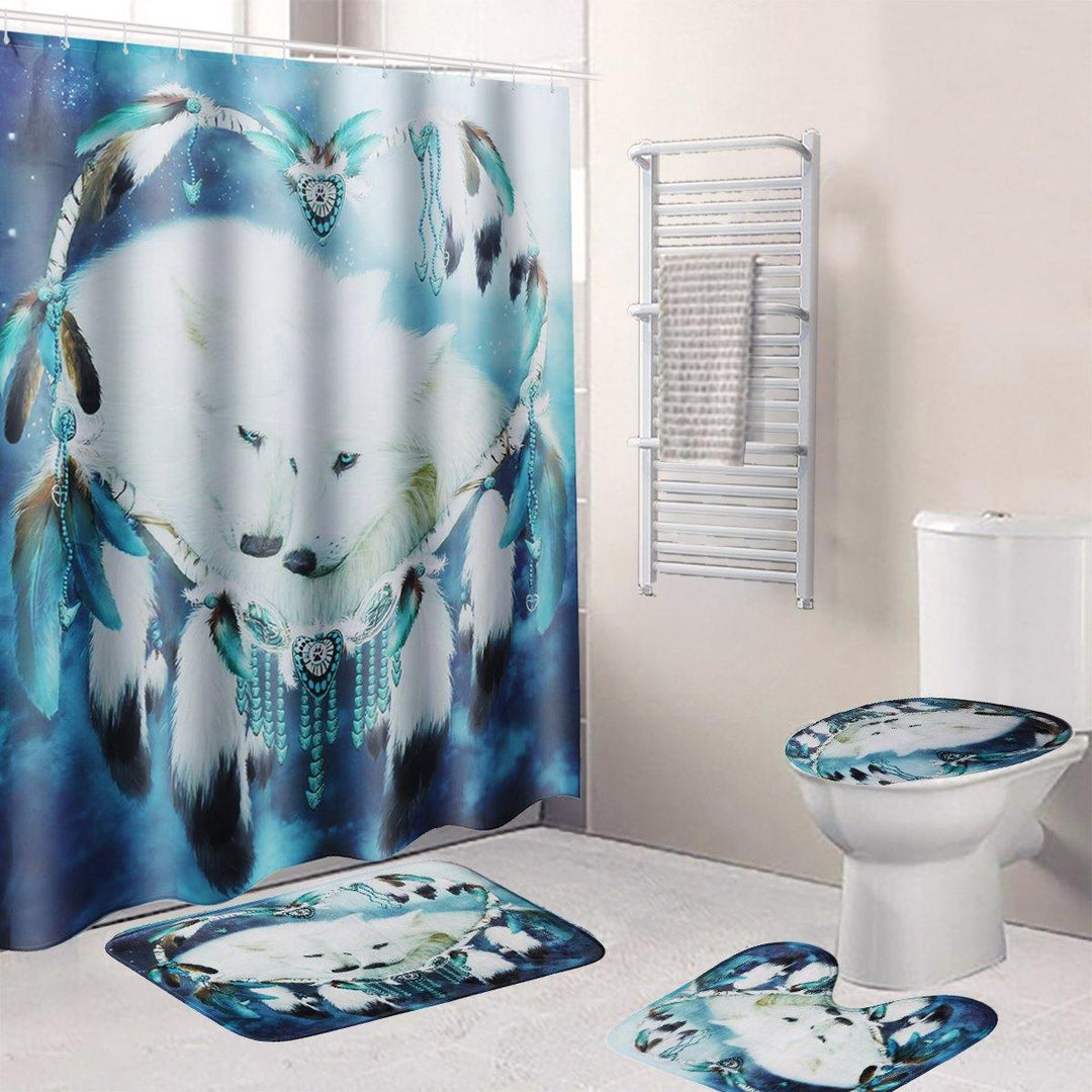 B68916 White Wolf Dream Catcher Bathroom Shower Curtain Lid Toilet Mat Cover Bath Floor Mat - MRSLM