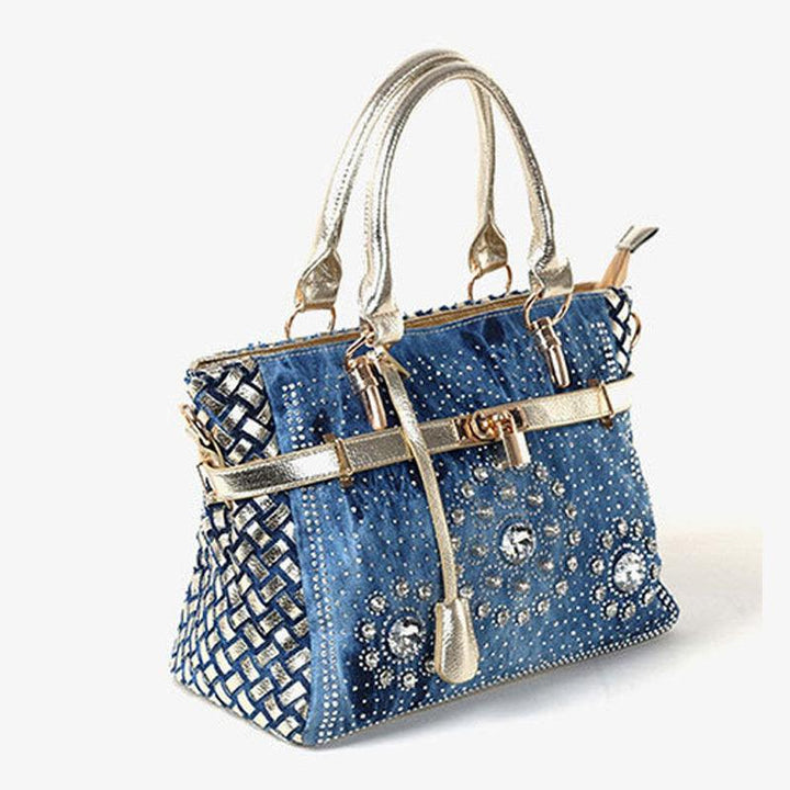 Female Inlaid Glass Rhinestone Small Buckle Lock Denim Single Shoulder Messenger Bag - MRSLM