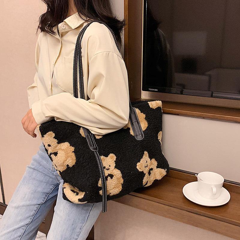 Women Cute Bear Plush Shoulder Bag Large Tote Handbag Purse - MRSLM