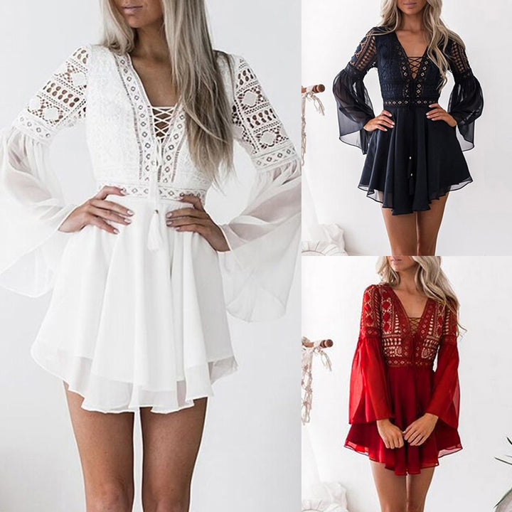 Women's Lace Embroidery Flare Sleeve Mini Dress