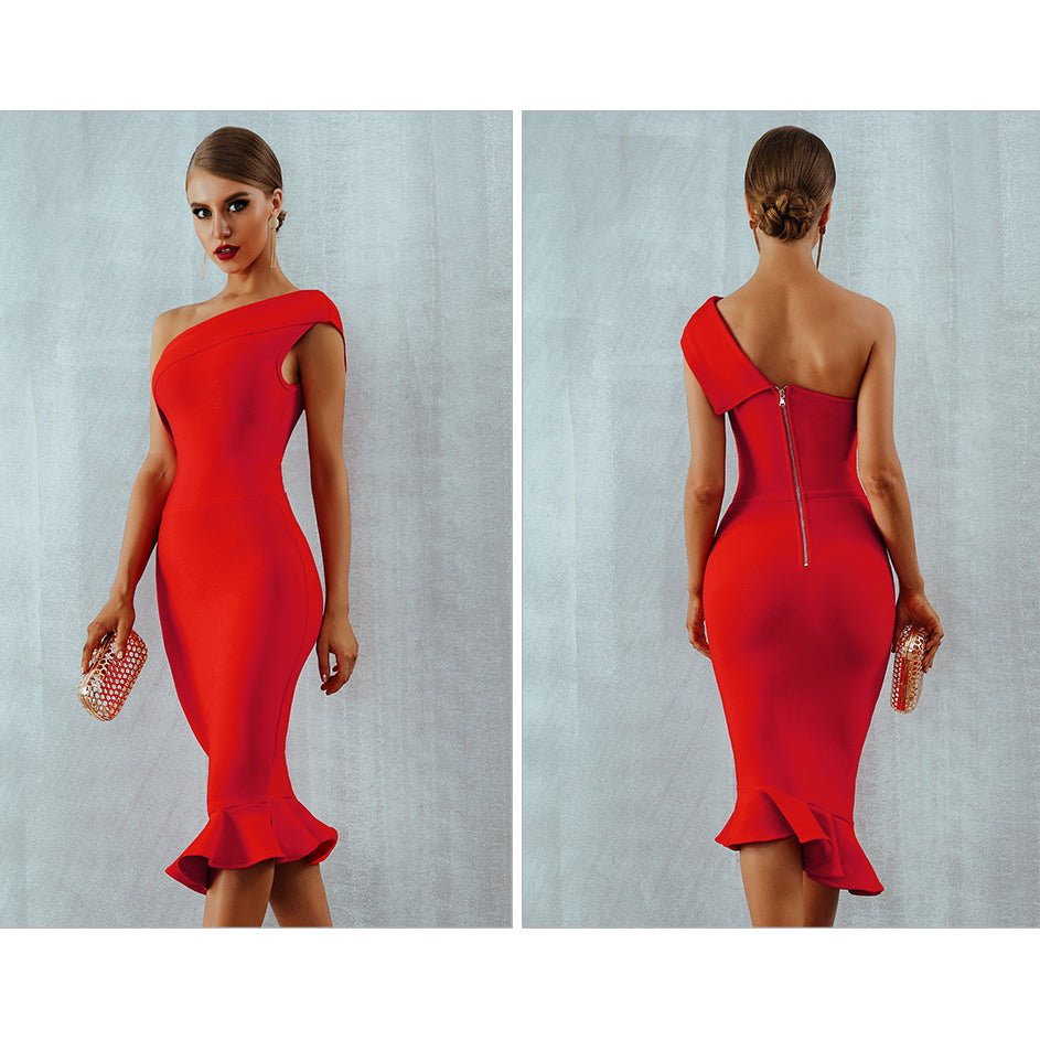 One Shoulder Women's Bodycon Dress with Ruffles