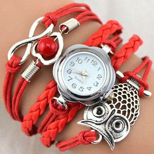 Women Owl Wax Cord Multilayer Knitted Faux Leather Bracelet Wrap Wrist Watch - MRSLM