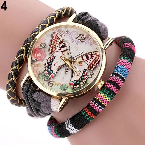 Women Ethnic Style Multilayer Knitted Strap Butterfly Dial Bracelet Quartz Wrist Watch - MRSLM