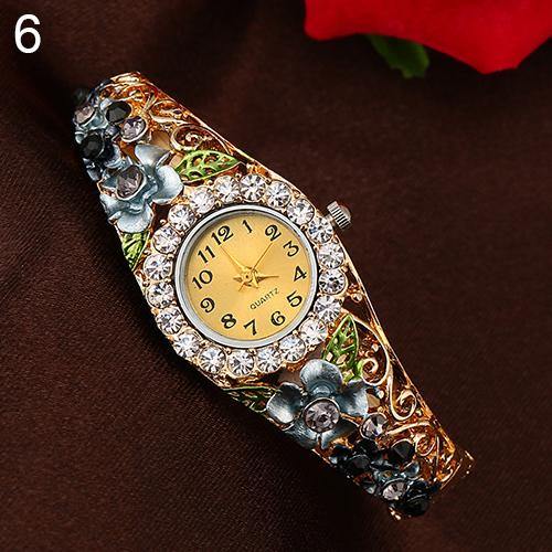 Women's Beautiful Flower Band Hollow Out Bangle Crystal Quartz Bracelet Watch Jewelry - MRSLM