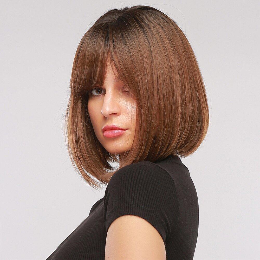 14 Inch Black Gradient Brown Short Straight Hair Fluffy BOBO Head Full Head Cover Wig - MRSLM