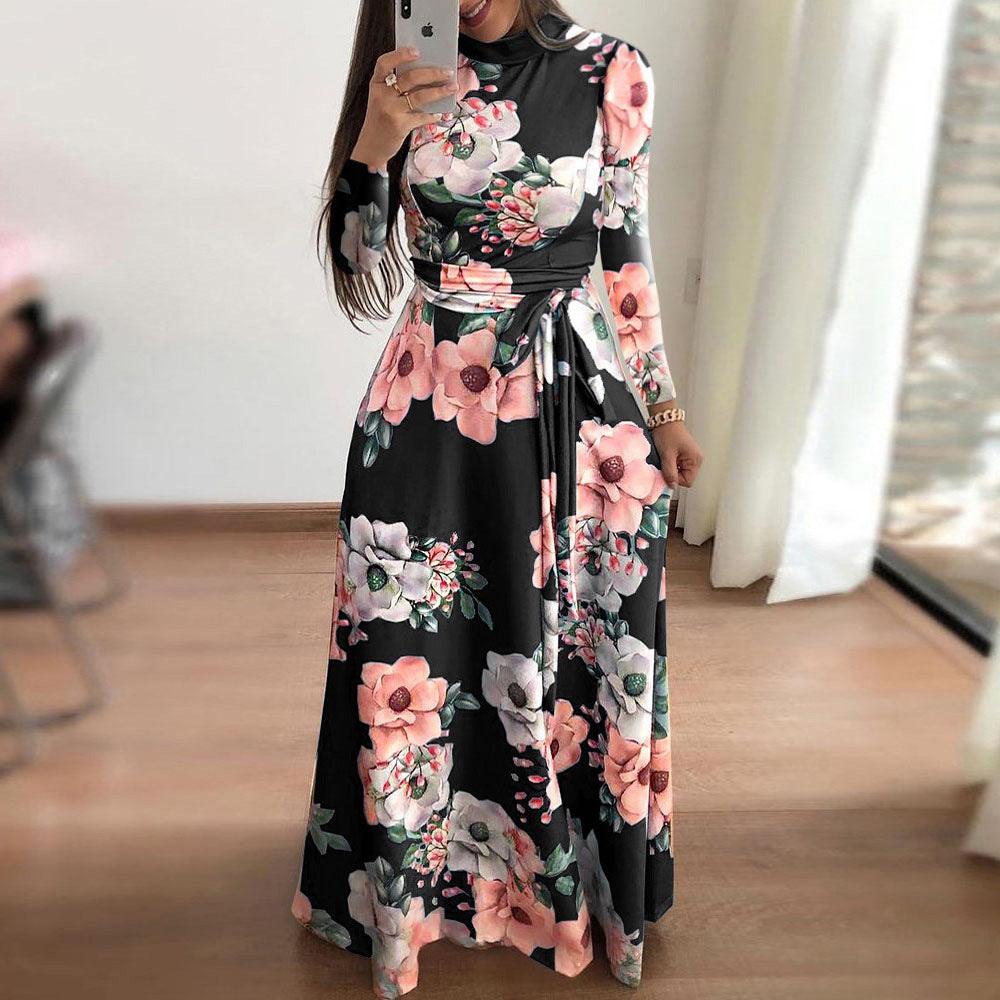 New Style European And American Style Flower Print Short-sleeved Big Dress Women - MRSLM