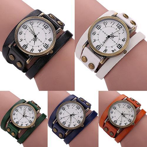 Unisex Retro Style Multi-Layers Leather Strap Bangle Wrap Bracelet Wrist Watch - MRSLM