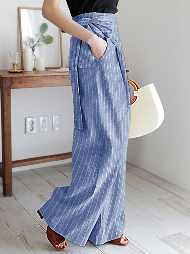 Women Stripe Print Asymmetrical Bandage Design Casual Wide Leg Pants - MRSLM