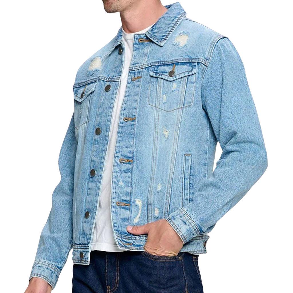 Fire Graphic Men's Distressed Denim Jacket - Cool Design Denim Jacket for Men - Illustration Denim Jacket - MRSLM