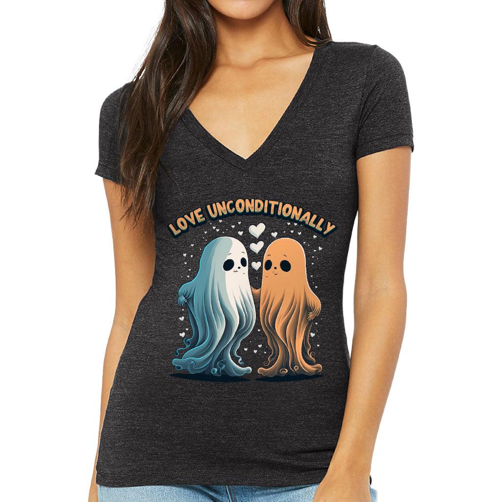 Love Unconditionally Women's V-Neck T-Shirt - Ghost Print V-Neck Tee - Graphic T-Shirt - MRSLM