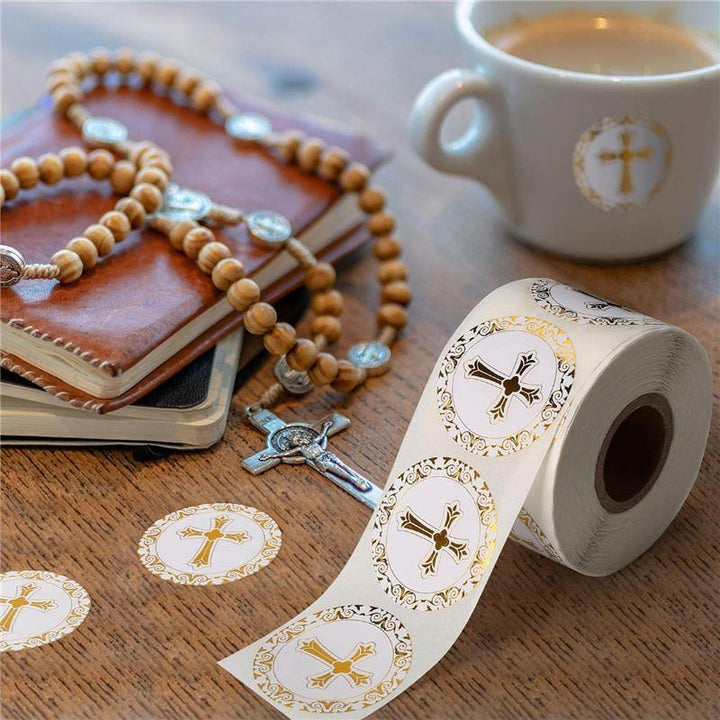 500Pcs Christian Cross Sticker Roll Round Baptism Of Christ Handmade Seal Label - MRSLM