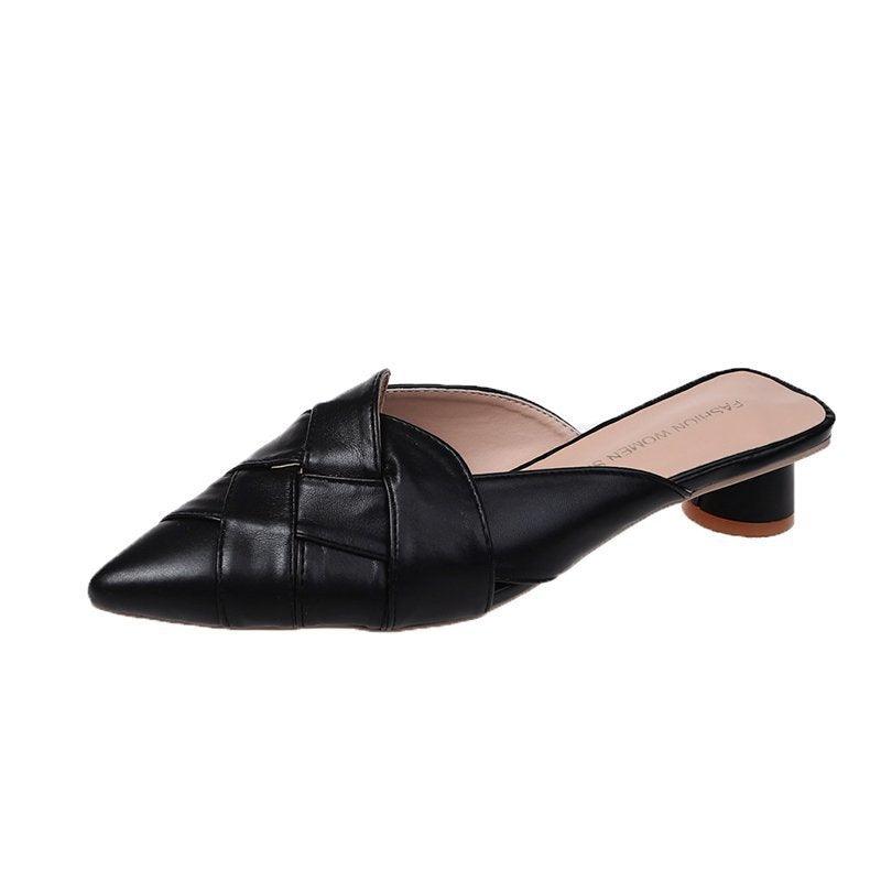 Pointed Soft Leather Sandals Women's Mid-heel Mules - MRSLM