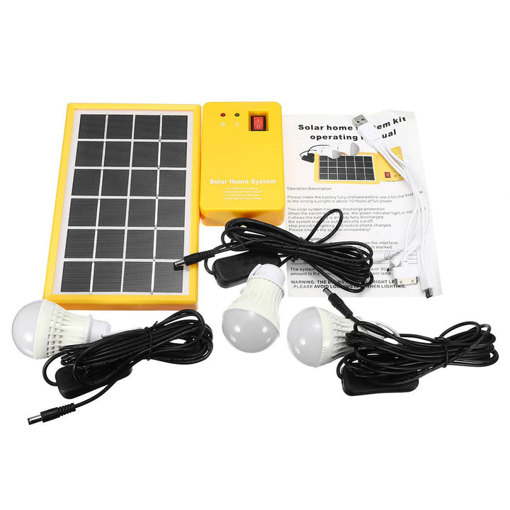 Solar Power Panel Generator Kit 5V USB Charger Home System with 3 LED Bulbs Light - MRSLM