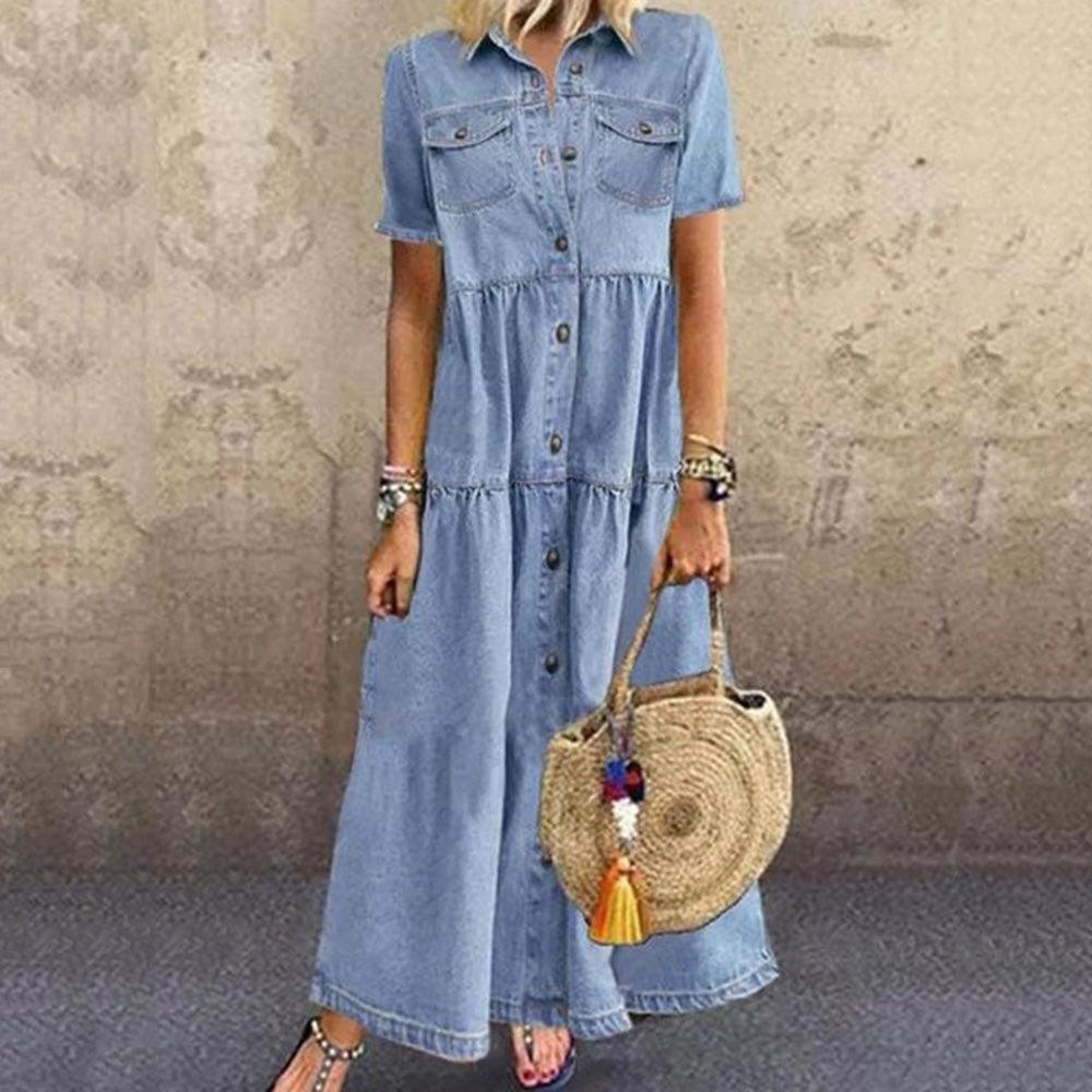 Denim style long multi-buckle distressed dress - MRSLM