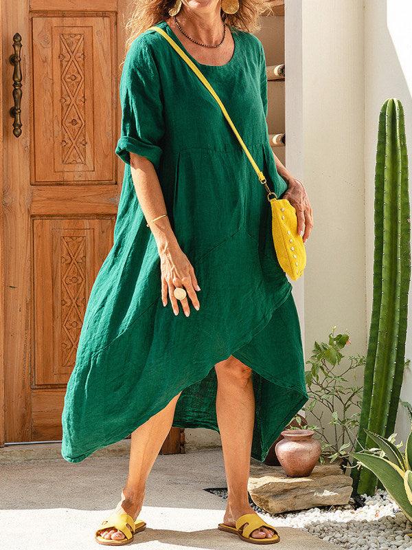 Women Maxi Dress Neck Pocket Summer Loose Casual Baggy Robe Female Retro Long Dresses - MRSLM