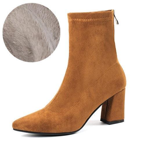 Women's Ankle Winter High-heeled Mid-tube Pointed Toe Thick-heeled Martin Boots - MRSLM