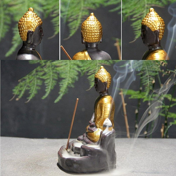 Ceramic Buddha Incense Statue Buddhist Smoke Backflow Cone Censer Burner Holder Home Decor - MRSLM