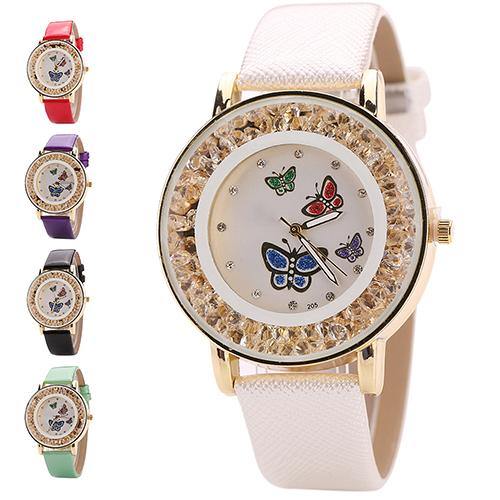 Women Fashion Butterfly Flowing Rhinestone Dial Faux Leather Analog Wrist Watch - MRSLM