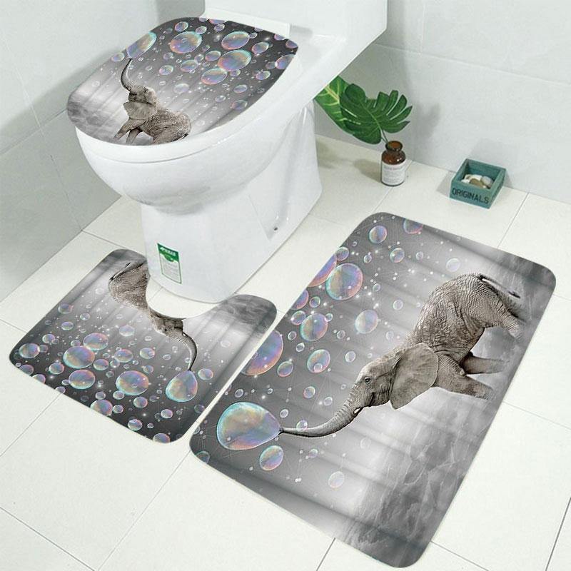 3D Printing Bubbles Elephant Waterproof Bathroom Shower Curtain Toilet Cover Mat Non-Slip Floor Mat Rug Set - MRSLM