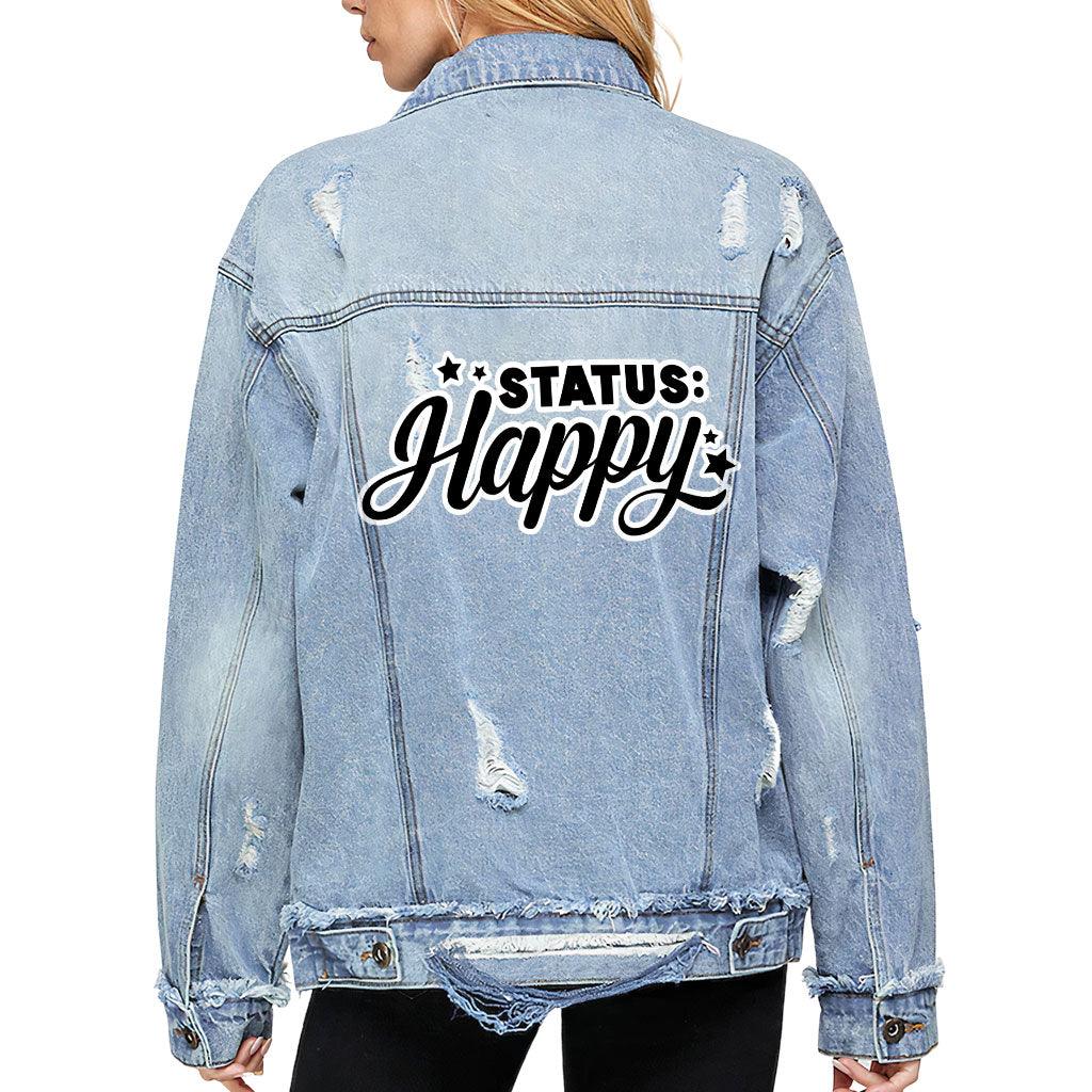 Status Happy Women's Oversized Denim Jacket - Cute Ladies Denim Jacket - Printed Denim Jacket - MRSLM