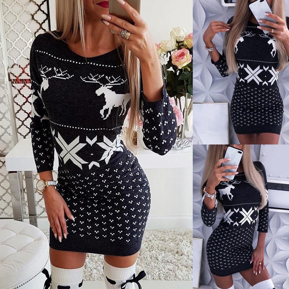 Christmas digital printing tight-fitting hip dress, long-sleeved thin T-shirt and skirt - MRSLM