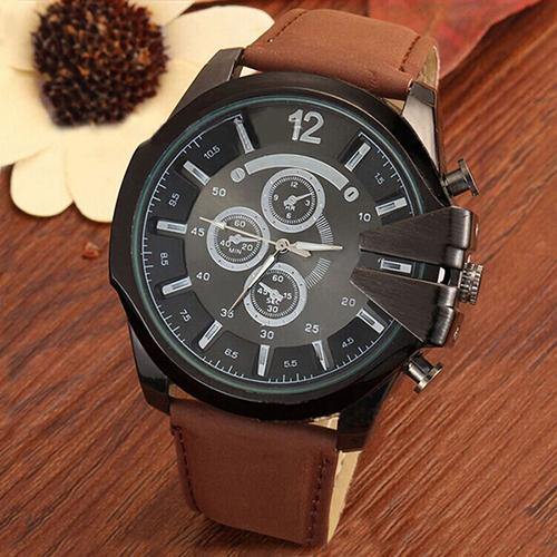Men's Fashion Analog Sport Stainless Steel Case Quartz Faux Leather Wrist Watch - MRSLM