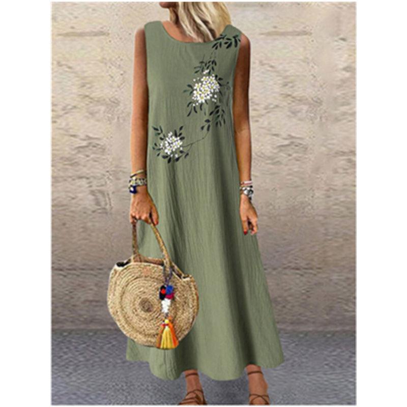 Cotton Linen Round Neck Sleeveless Printed Vest Dress - MRSLM