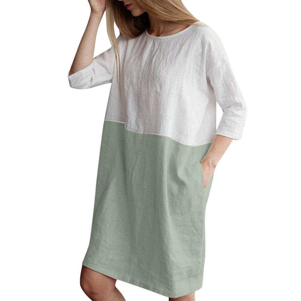 Splicing half-sleeved cotton and linen dress - MRSLM