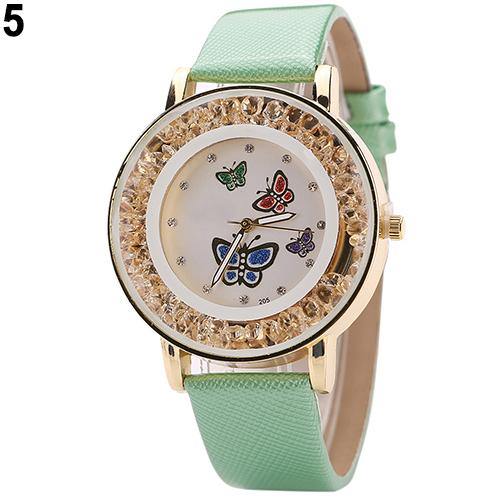 Women Fashion Butterfly Flowing Rhinestone Dial Faux Leather Analog Wrist Watch - MRSLM