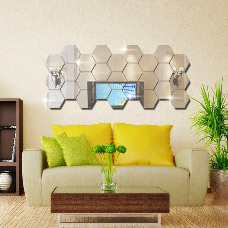 Honana DX-Y5 60Pcs Cute Silver DIY Sexangle Mirror Wall Stickers Home Wall Bedroom Office Decor - MRSLM