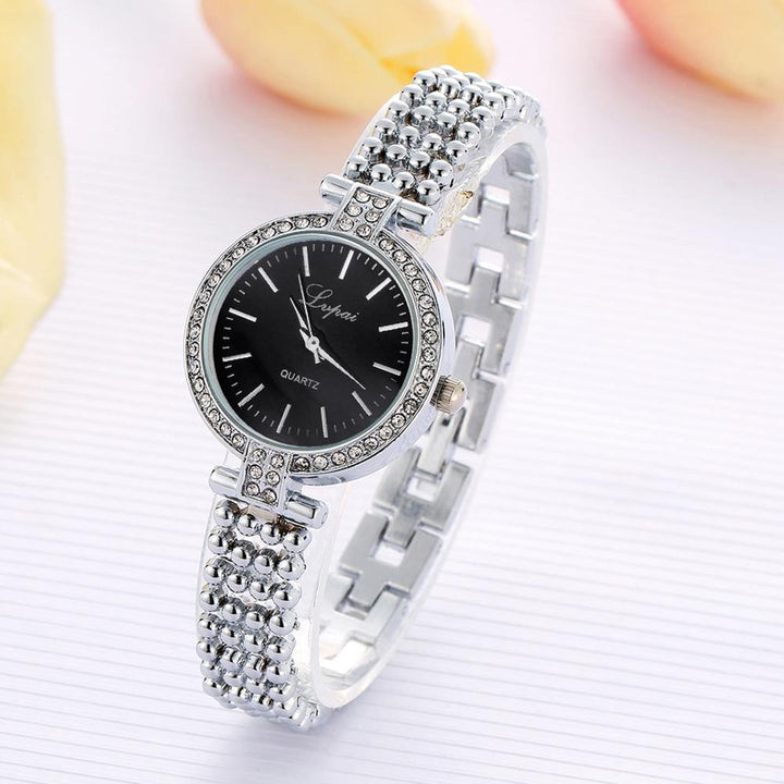 Lady Fashion Rhinestone Inlaid Slim Mesh Band Business Quartz Analog Wrist Watch - MRSLM