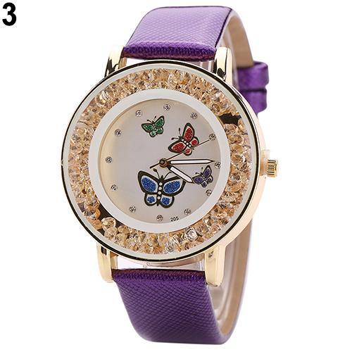 Women Fashion Butterfly Flowing Rhinestone Dial Faux Leather Analog Wrist Watch - MRSLM