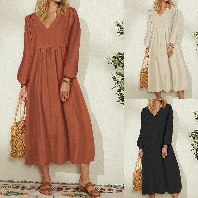 Autumn New Fashion Women's Wear Cotton Loose Lantern Sleeve Dress - MRSLM