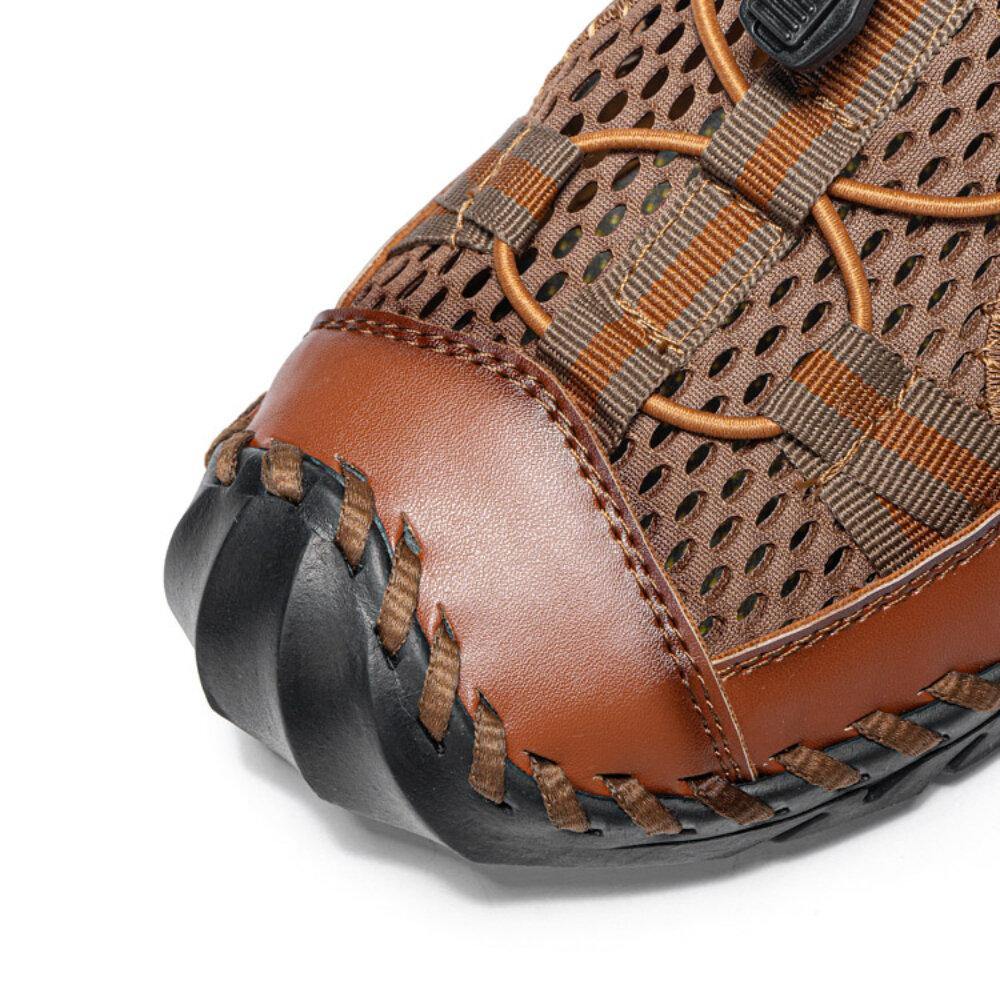 Men Cowhide Leather Hand Stitching Mesh Breathable Soft Bottom Casual Outdoor Sandals - MRSLM