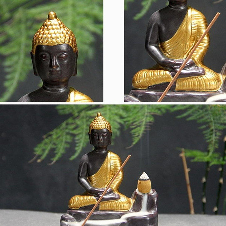 Ceramic Buddha Incense Statue Buddhist Smoke Backflow Cone Censer Burner Holder Home Decor - MRSLM