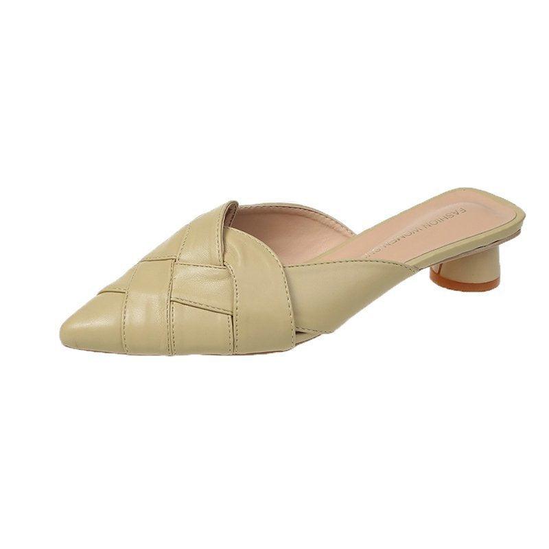 Pointed Soft Leather Sandals Women's Mid-heel Mules - MRSLM