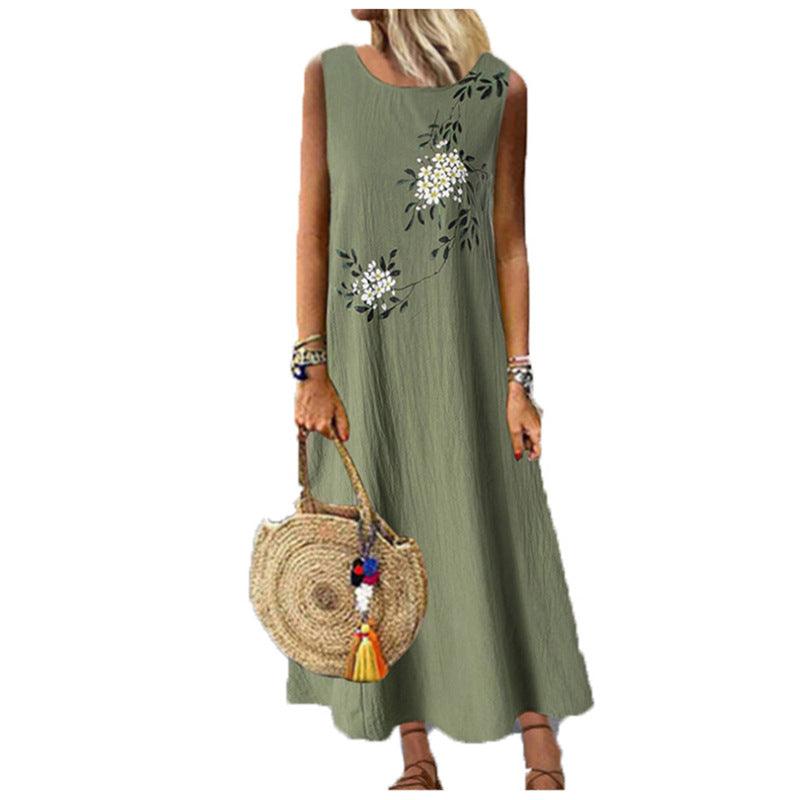 Cotton Linen Round Neck Sleeveless Printed Vest Dress - MRSLM