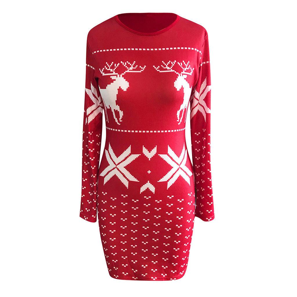 Christmas digital printing tight-fitting hip dress, long-sleeved thin T-shirt and skirt - MRSLM