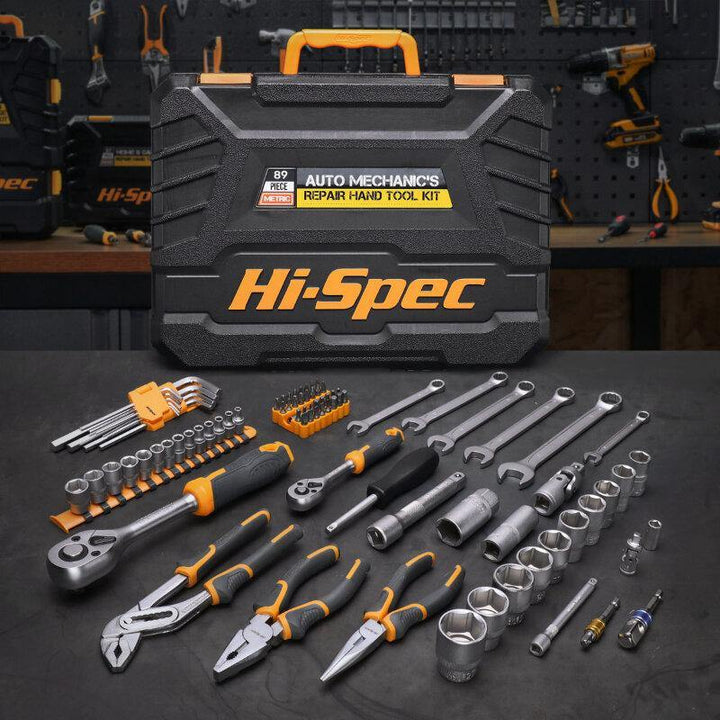 Hi-Spec 89pcs Mechanic's Hand Tool Kit Set Tools for Auto 1/2 1/4 Professional Socket Wrench Combination Tool Set with Toolbox - MRSLM