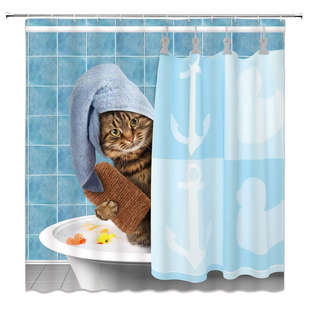 Cat Bathing Bathroom Shower Curtain Waterproof Fabric With 12 Hooks (180*180cm) - MRSLM