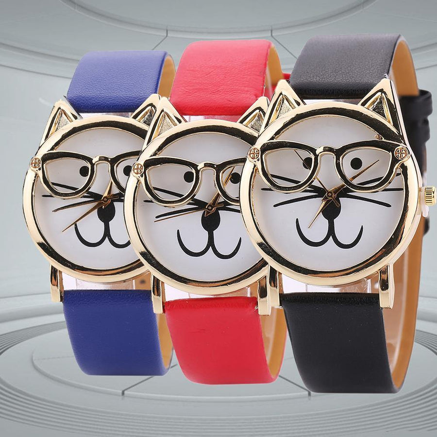 Unisex Fashion Faux Leather Band Cute Glasses Cat Case Analog Quartz Wrist Watch - MRSLM