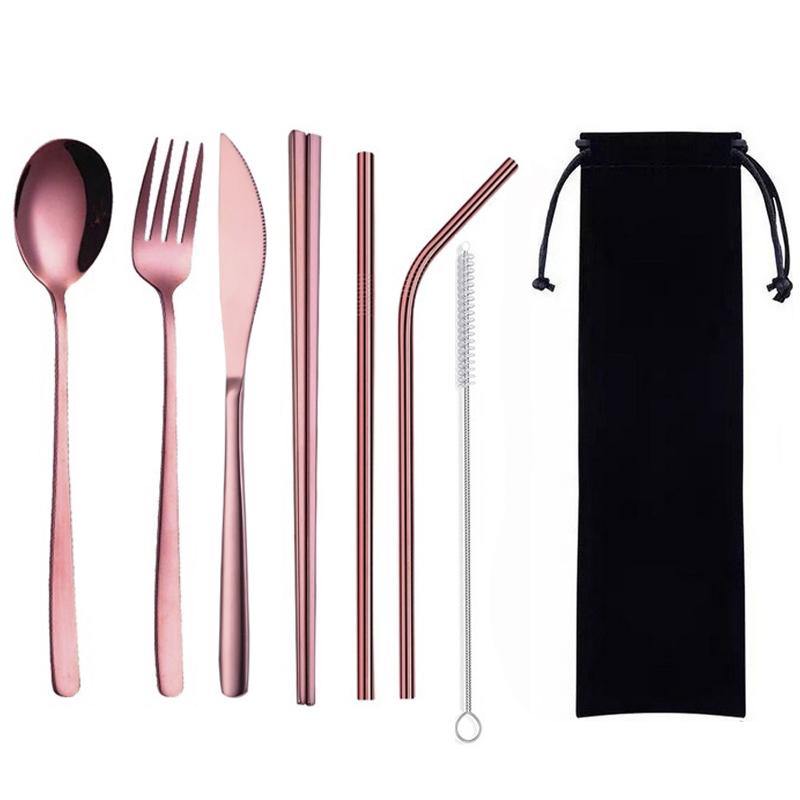 8Pcs Titanium-Plated 304 Stainless Steel Cutlery Set Knife Fork Spoon Chopsticks And Straw Combination - MRSLM