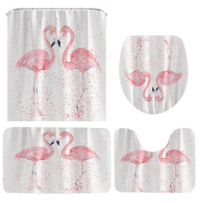 1/3/4Pcs 3D Flamingo Waterproof Shower Curtain Waterproof Toilet Cover Non-slip Mat 3pcs Toilet Bathroom Decor - MRSLM