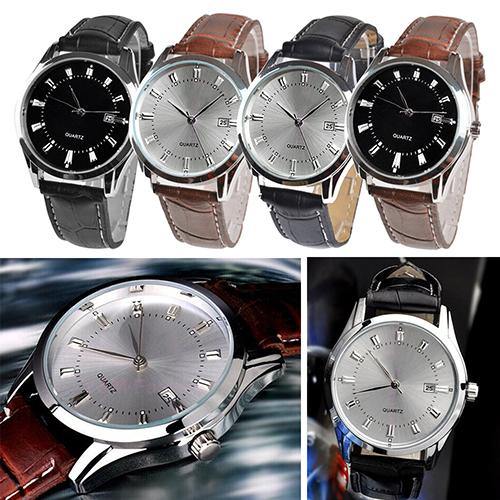 Men Vintage Date Calendar Dial Faux Leather Business Analog Quartz Wrist Watch - MRSLM