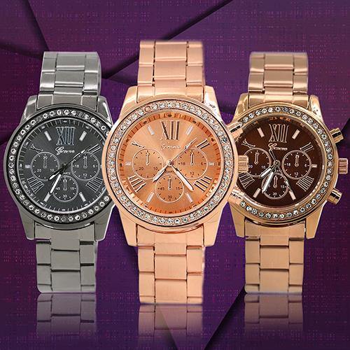 Women's Men's Geneva Roman Number Bling Crystal Analog Quartz Alloy Wrist Watch - MRSLM